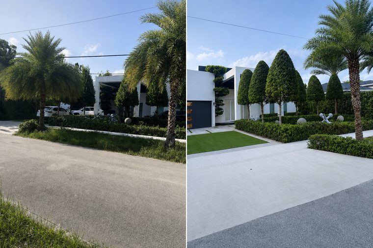 Before and after: a plain asphalt driveway and overgrown verge became a smooth concrete drive with shaped topiary trees, clipped hedges and artificial turf.